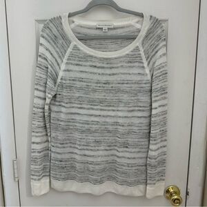 White + Warren Women’s Linen Blend Striped Sweater Sz Large Crewneck Gray White